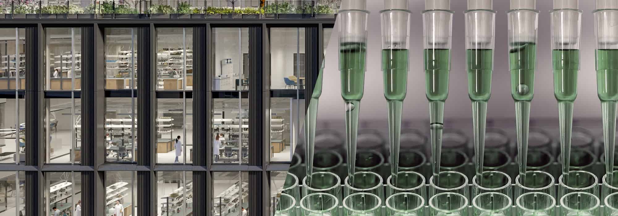 Banner graphic showing lab space and needles filled with green liquid