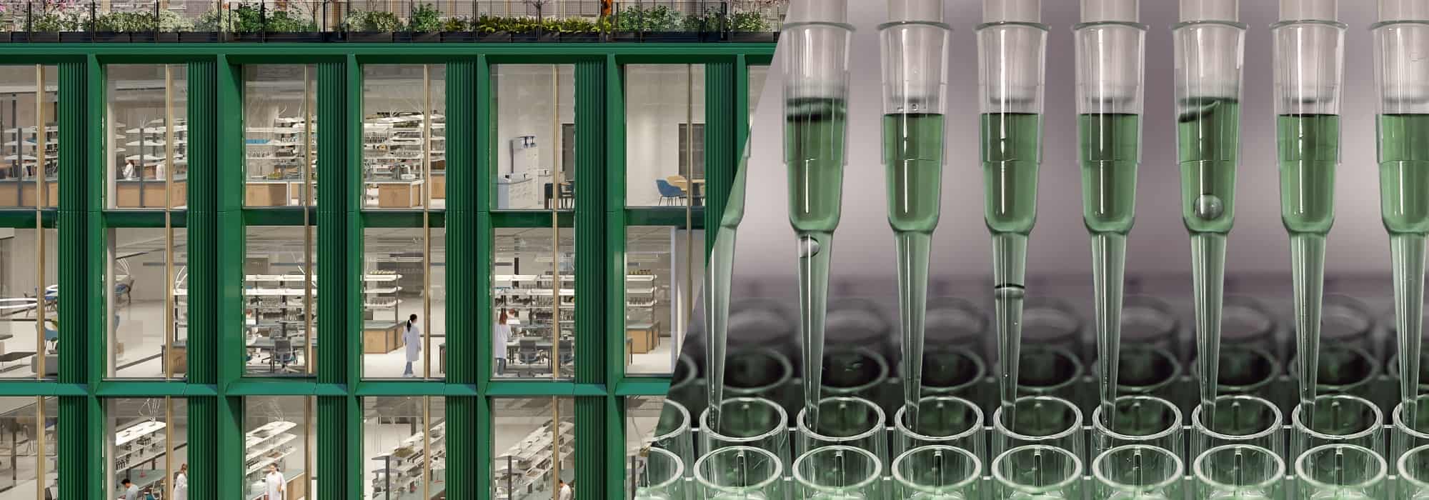 Banner graphic showing lab space and needles filled with green liquid