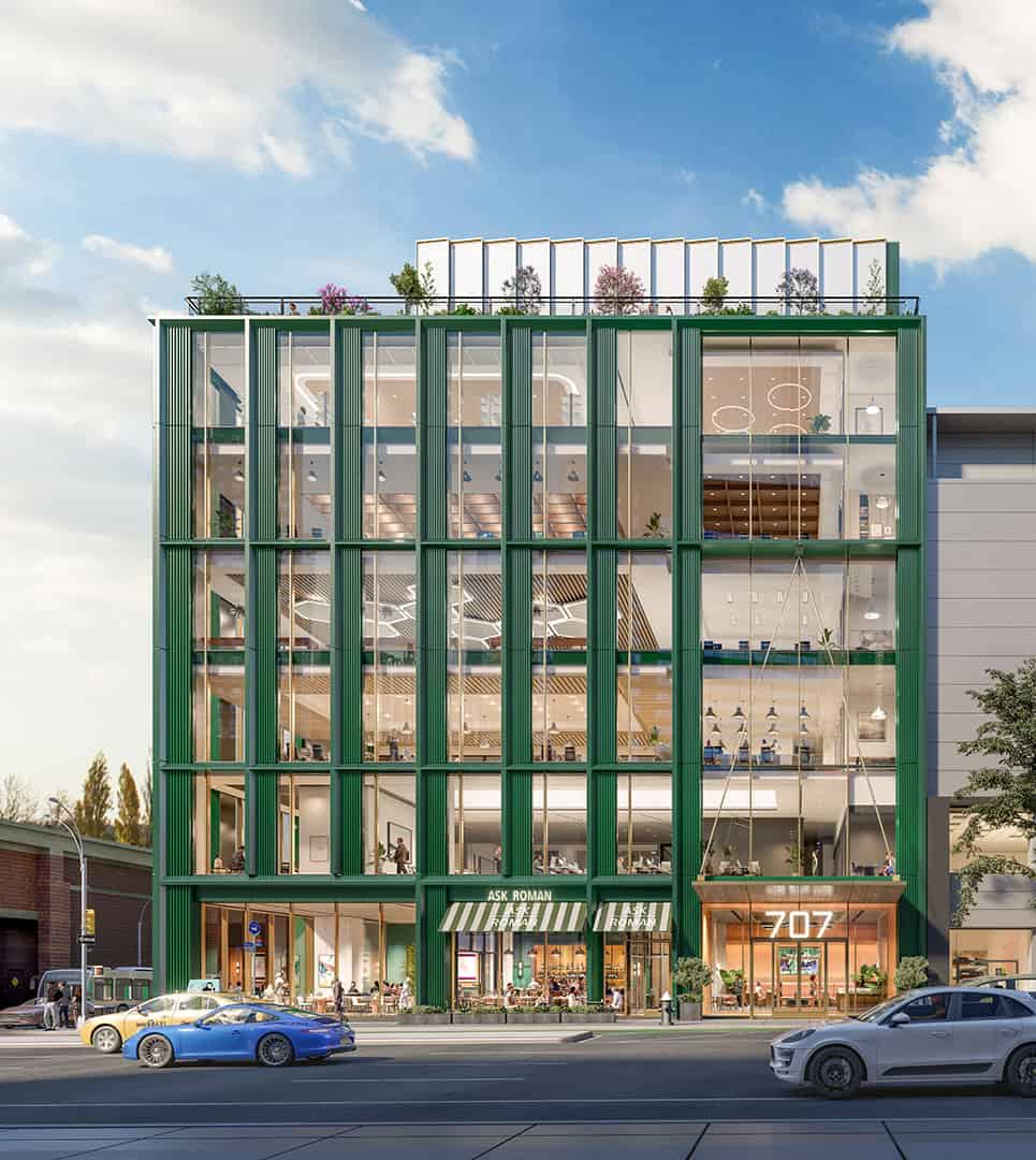 7-story green modern commercial building
